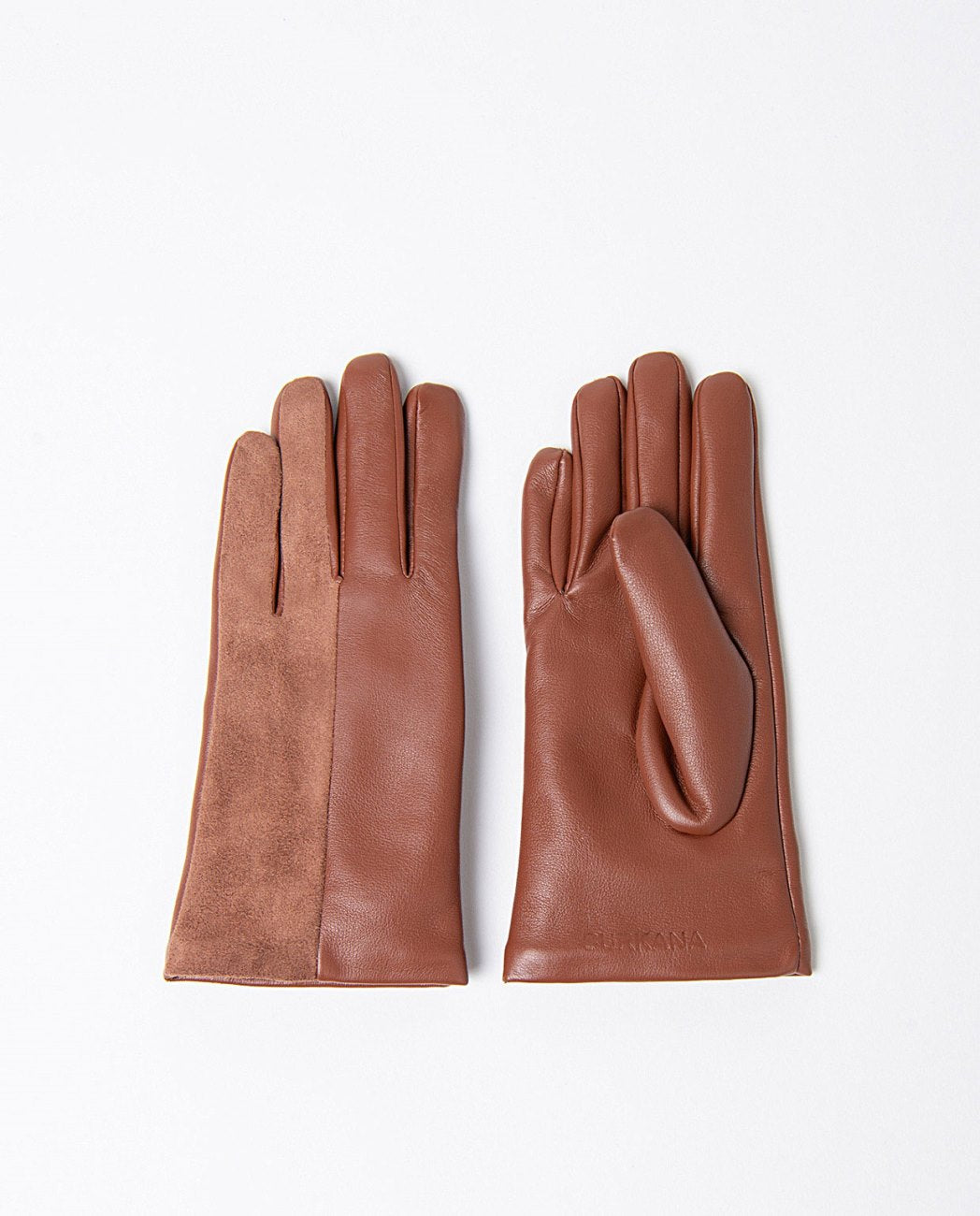 Pair of camel faux leather and suede gloves