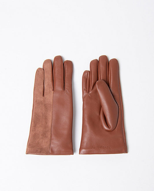 Pair of camel faux leather and suede gloves