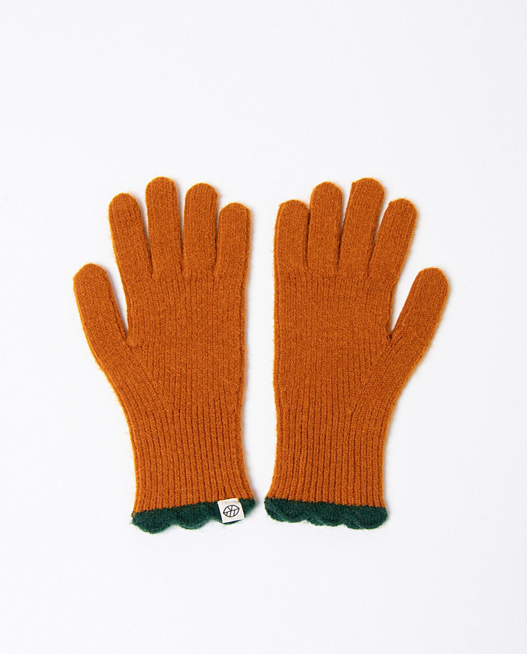 Pair of cinnamon knitted gloves with green cuffs