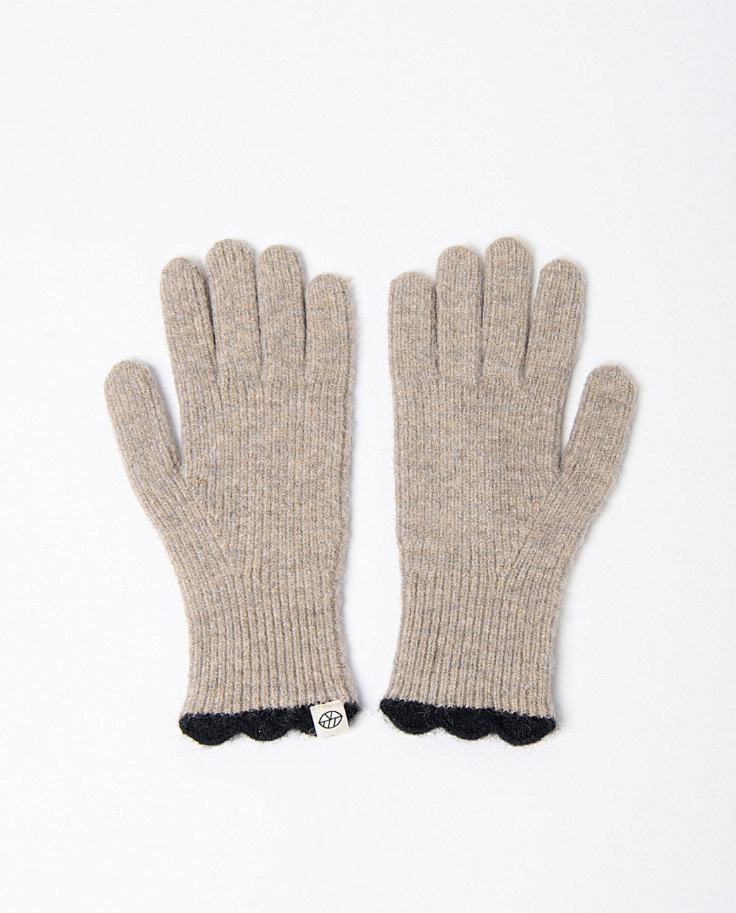 Pair of light grey knitted gloves with black cuffs