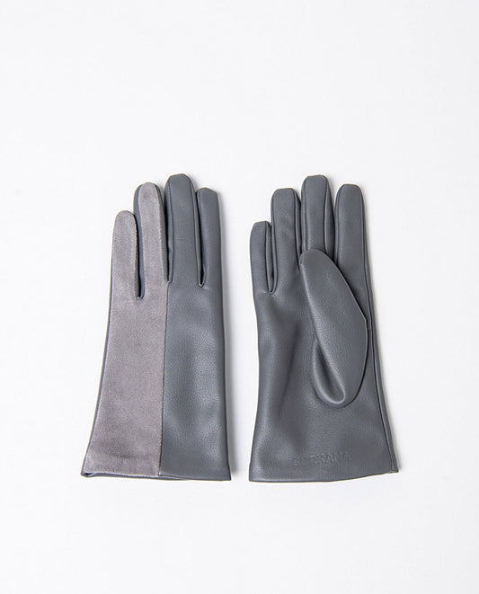 Pair of grey faux leather and suede gloves