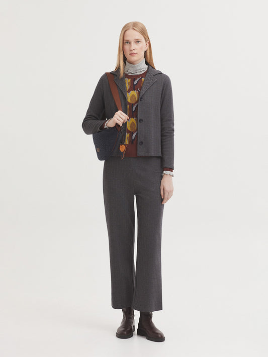 Herringbone straight fit grey jacquard trousers, in 86% Cotton, 14% Polyester.