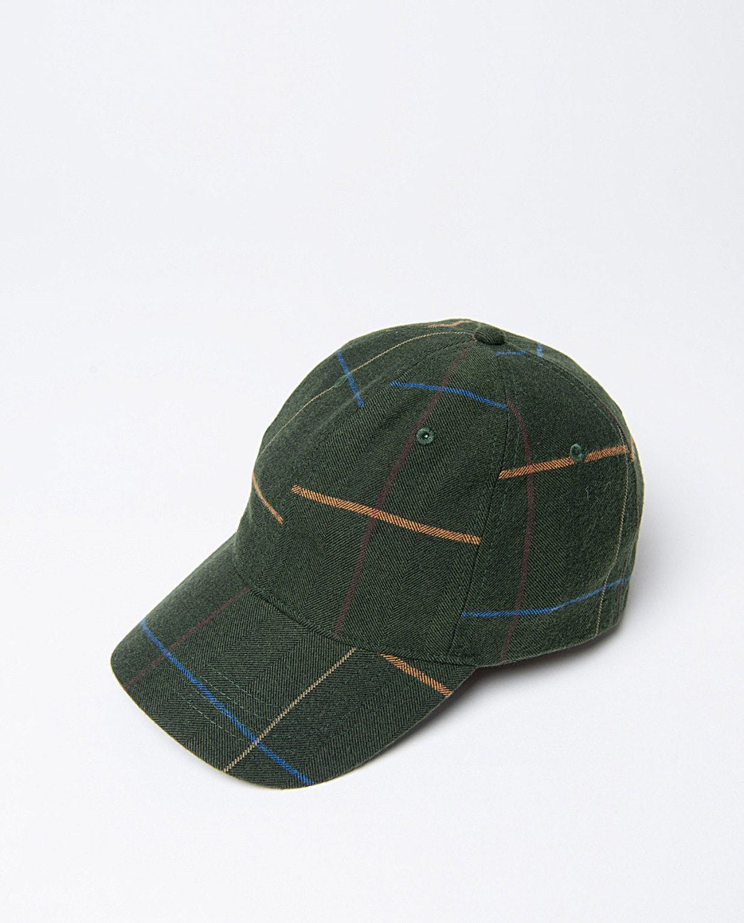 Checked jockey hat with adjustable back strip, in dark green background color and orche, blue, brown checkered lines, 64% Polyester, 33% Rayon, 3% Elastane