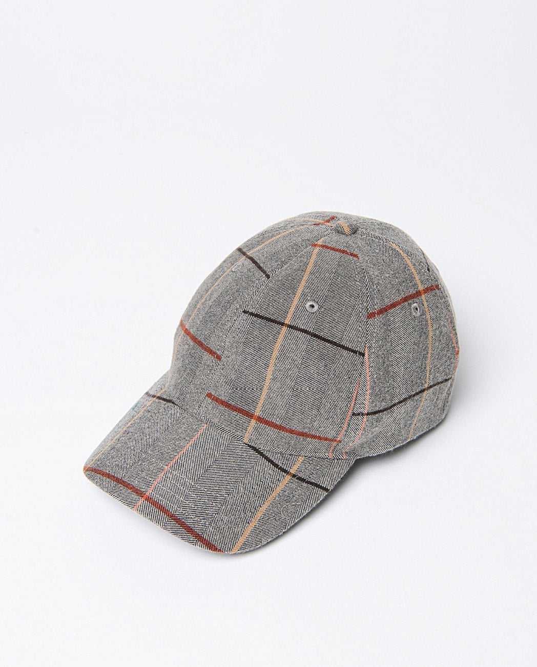 Checked jockey hat with adjustable back strip, in grey background color and black, orche, red checkered lines, 64% Polyester, 33% Rayon, 3% Elastane