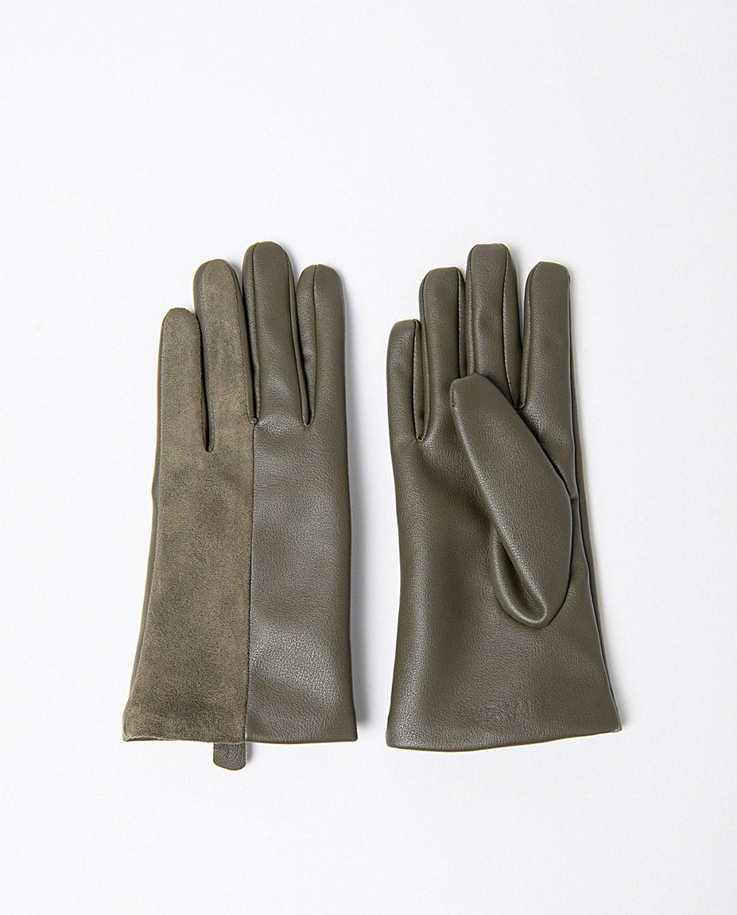 Pair of khaki faux leather and suede gloves