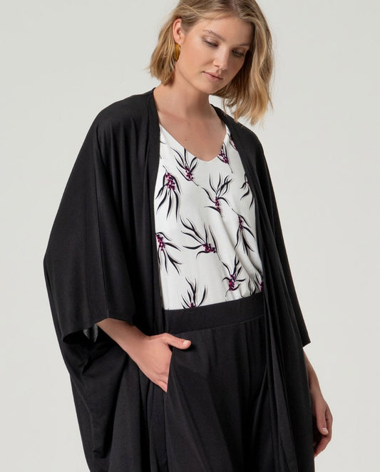 Long open black modal kimono with sleeves.