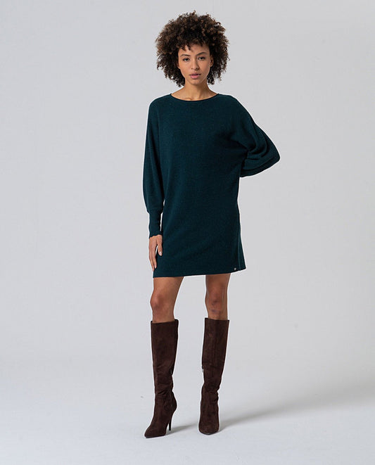Knit short dress with puffed sleeves, in dark green color, 55%Viscose, 40%Nylon, 5%Alpaca.
