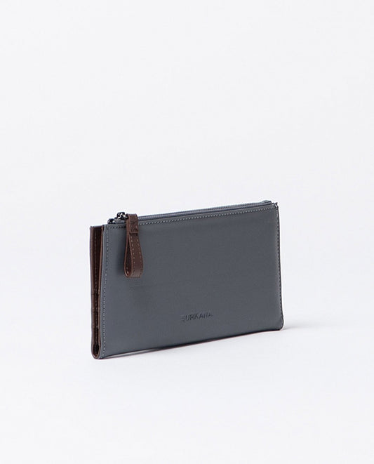 Large compact bi-color wallet in grey and chestnut faux leather, includes compartments for cards, a zippered pocket and snap buttons closure.