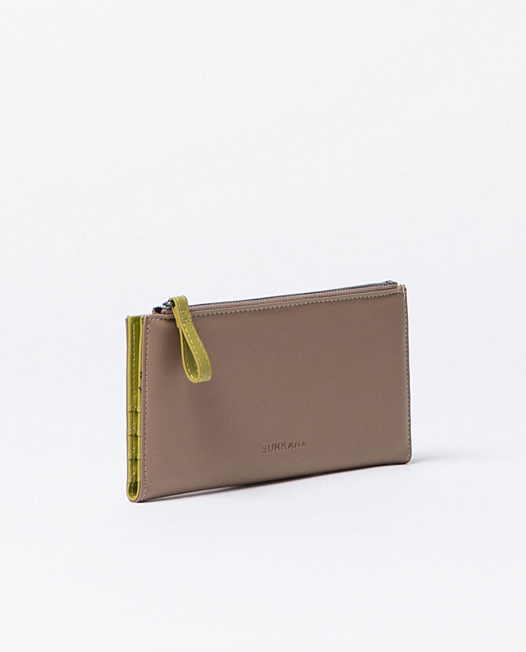 Large compact bi-color wallet in khaki and light green  faux leather, includes compartments for cards, a zippered pocket and snap buttons closure.