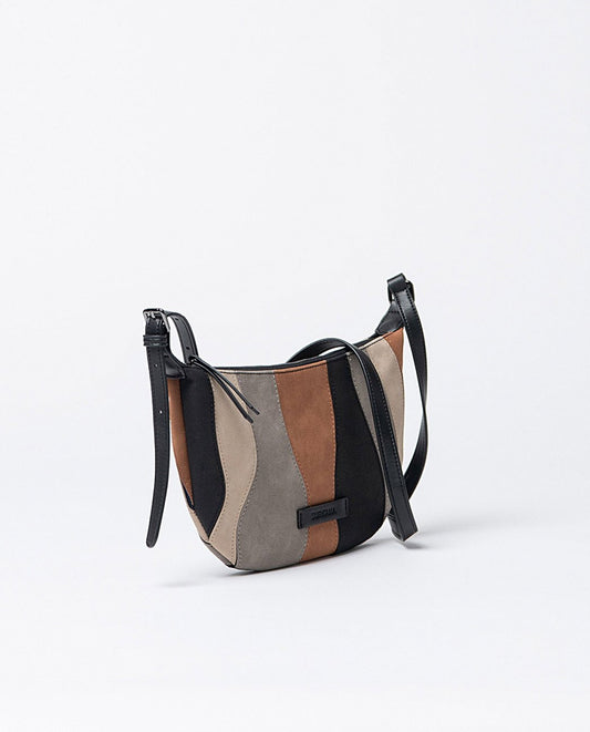 Curved leather crossbody bag with adjustable shoulder strap. Colorful pieces of leather stitched together, in black, grey camel, ecru colors, 1 open pocket inside. Lining.