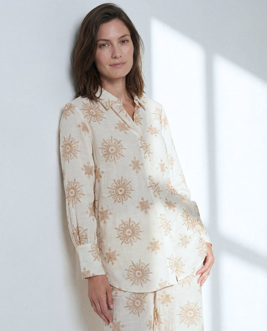 Ecru sun printed viscose long shirt.