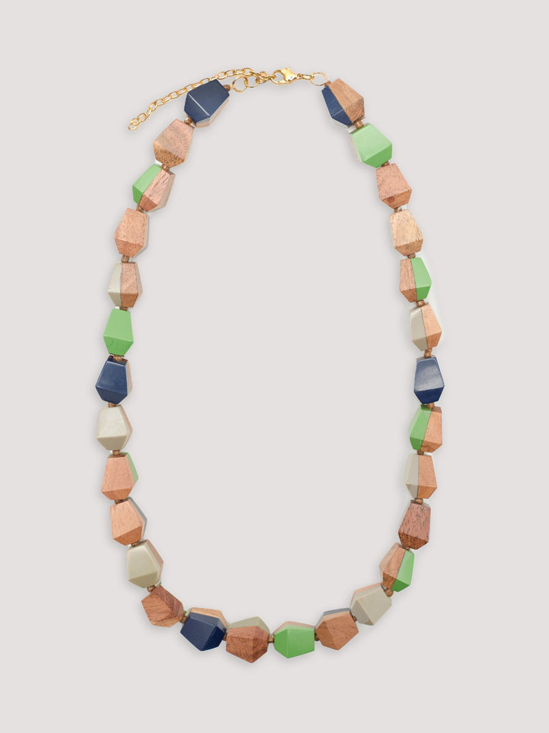long wood and resin blue green ecru necklace