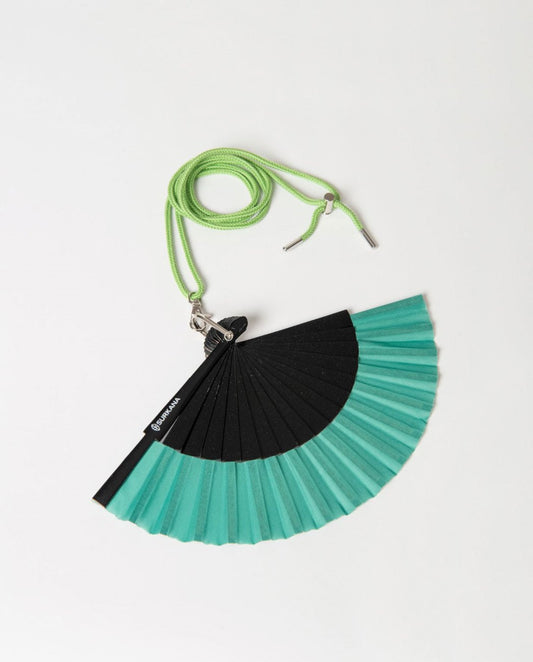 Petrol and black foldable hand fan  with a strap.