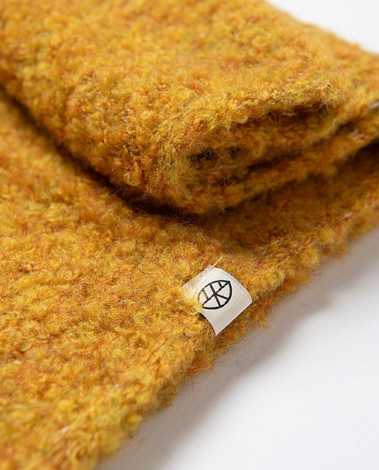 Knitted collar in boucle fabric, warm and with a fluffy texture, in yellow mustard color