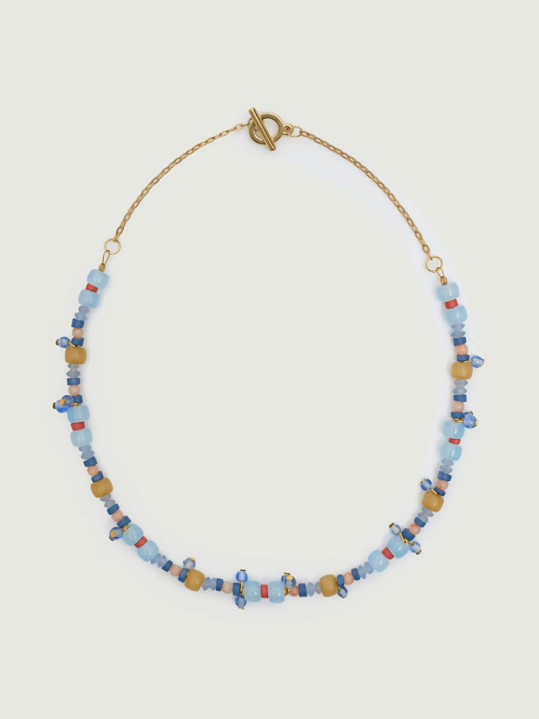 Necklace of multicoloured beads mostly light blue, yellow and some red in bronze chain, 20 cm in length.
