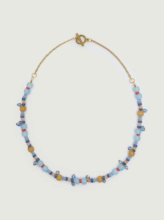 Necklace of multicoloured beads mostly light blue, yellow and some red in bronze chain, 20 cm in length.