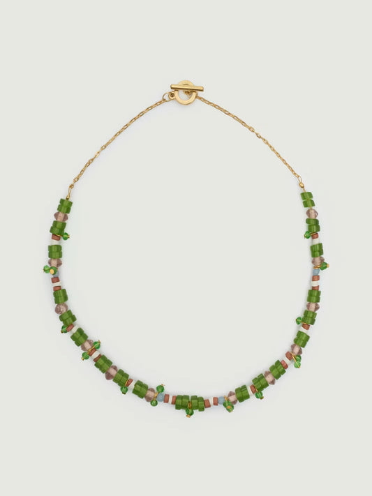 Necklace of multicoloured mostly green beads, in bronze chain, 20 cm in length.