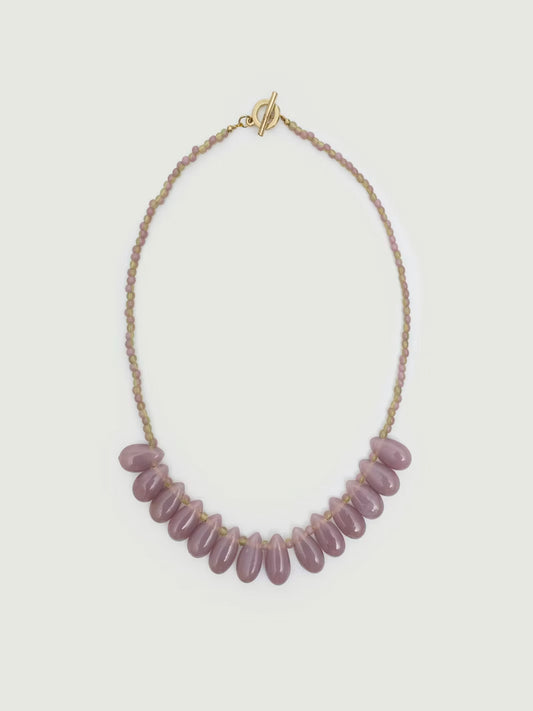 Teardrop shaped resin beaded necklace Mauve, small beads at the bag and bigger teardrops beads at front, bronze closure, 20cm in length