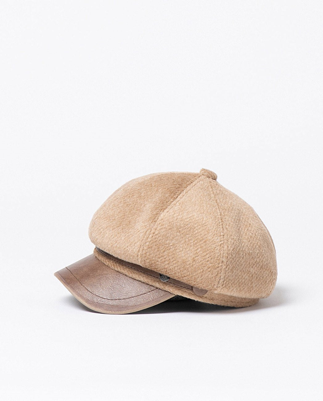 Beige texture newsboy cap with brown faux leather visor