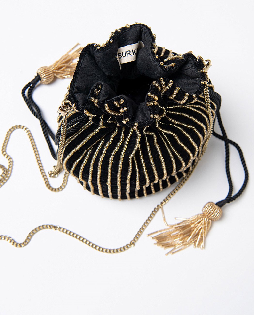 Velvet beaded pouch bag Black