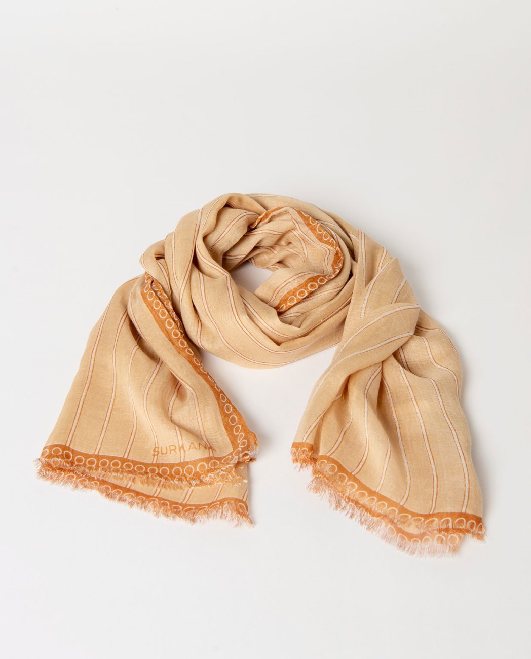 Rectangular camel, beige, scarf made of lightweight fabric with stripes print. Frayed finish at the ends, 58% Modal 42% Viscose, 
180cm x 110cm