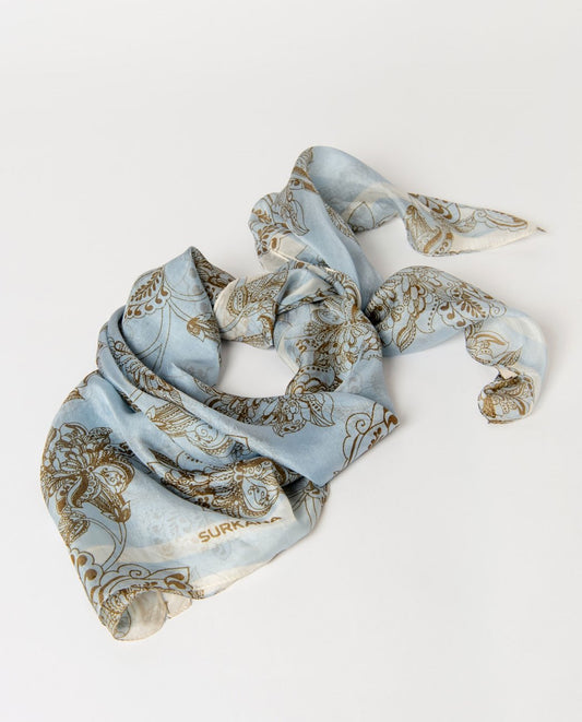 Square silk, dusty blue scarf with an ornamental khaki paisley print, 100cm x 100cm