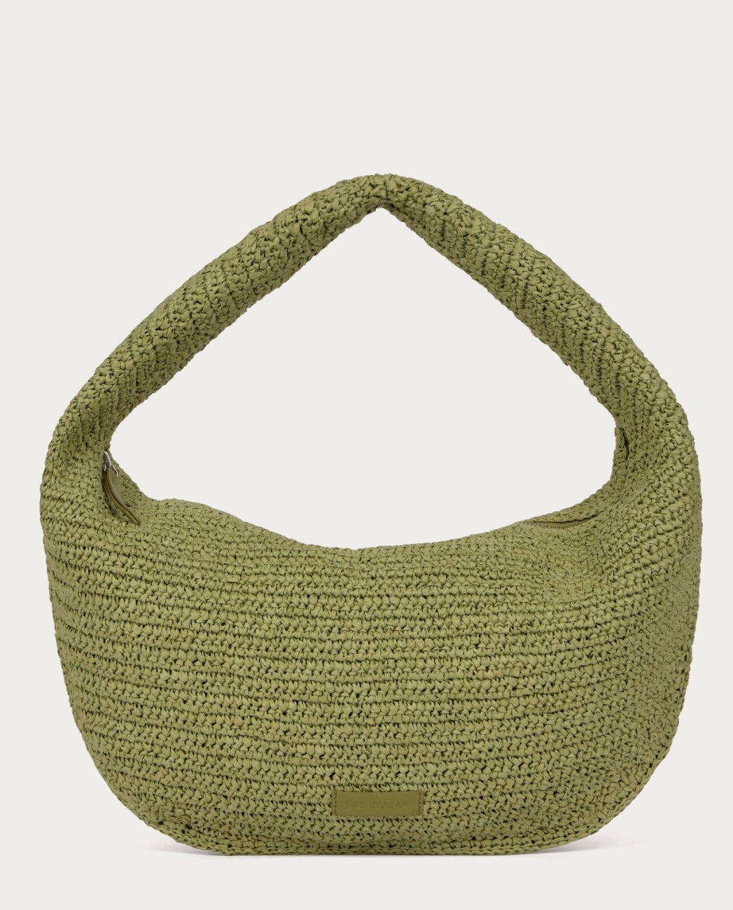 Shopper light green bag made of braided raffia paper. Structured design with integrated handle and top zip closure.