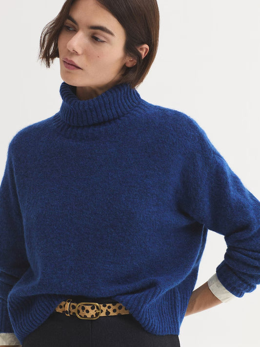 Basic royal blue relaxed fit roll neck wool blend jumper. Ribbed finish.