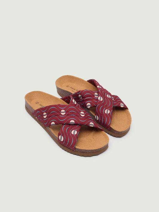 Hellenic Waves printed bio sandals with crossed straps, in bordeaux background color with light blue and ecru small details