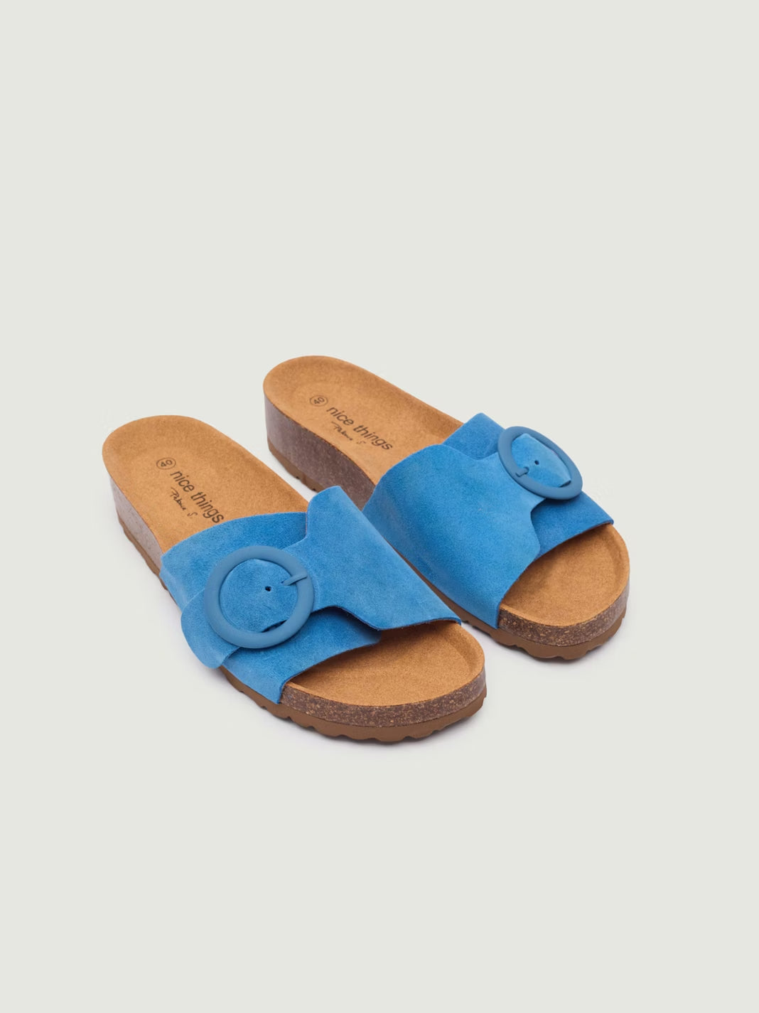 Bio split suede leather wedge sandals with buckle, blue