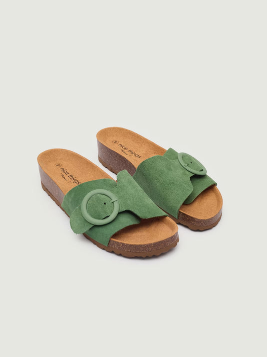 Bio split leather suede wedge sandals, with buckle, smoke green
