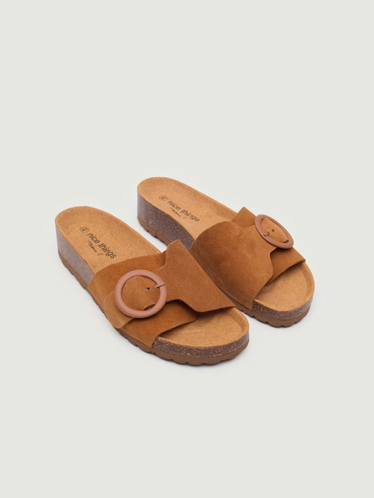 Bio split suede leather wedge sandals with buckle, ochre