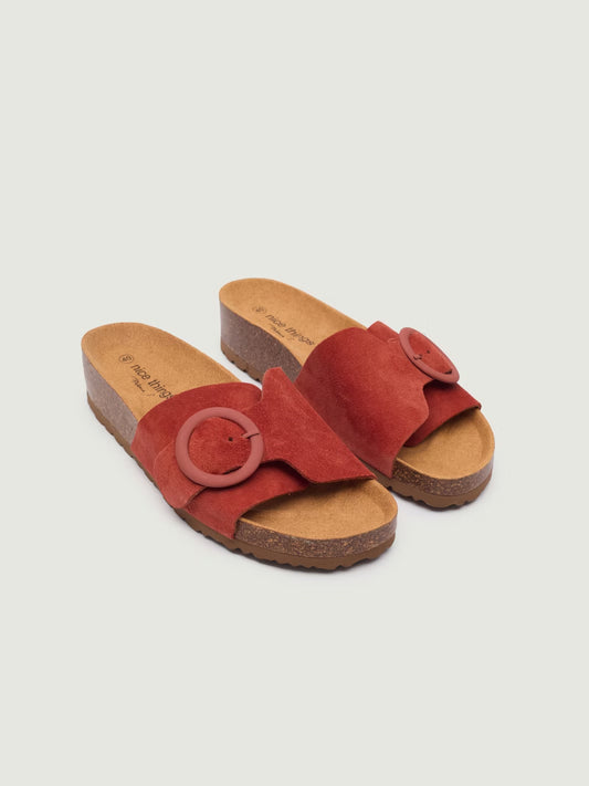 Bio split suede leather wedge sandals with buckle, intense terracotta
