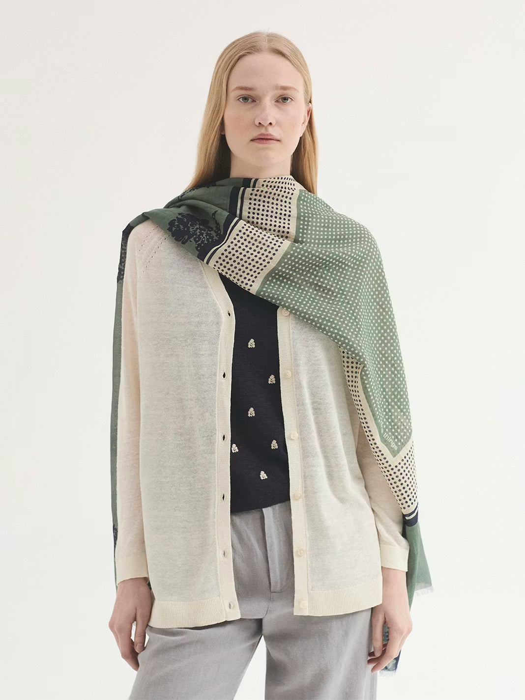 Dots and Flowers smoke green rectangular print foulard with navy flowers prints, 75% Cotton, 25% Silk, 67 x 180 cm
