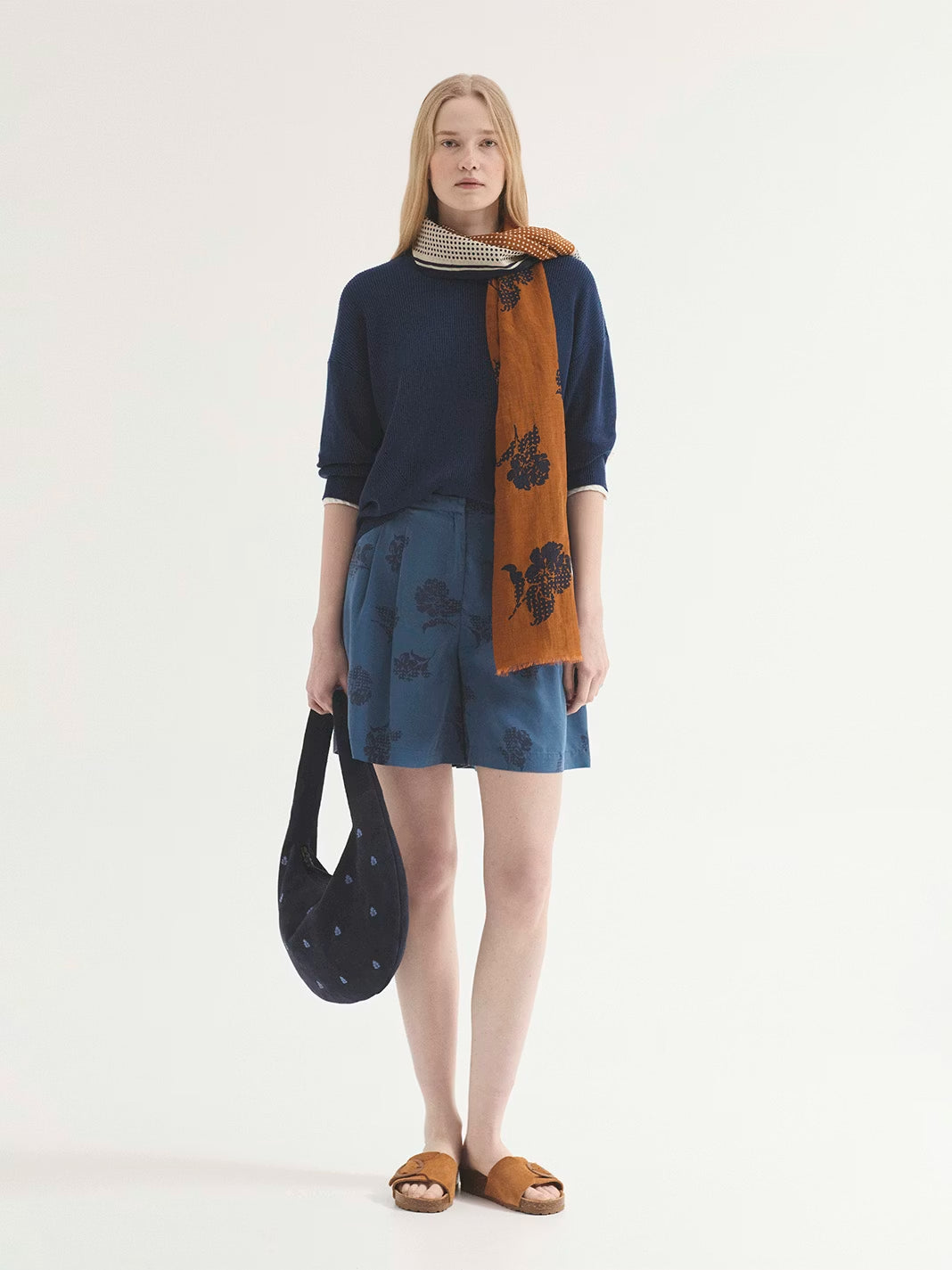 Dots and Flowers ochre rectangular print foulard with navy flowers prints, 75% Cotton, 25% Silk, 67 x 180 cm