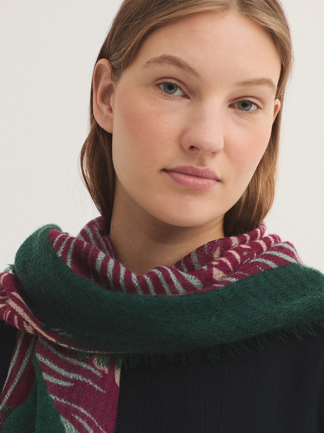 Wool square zebra printed scarf, in burgundy, green dark, ecru and light blue colors