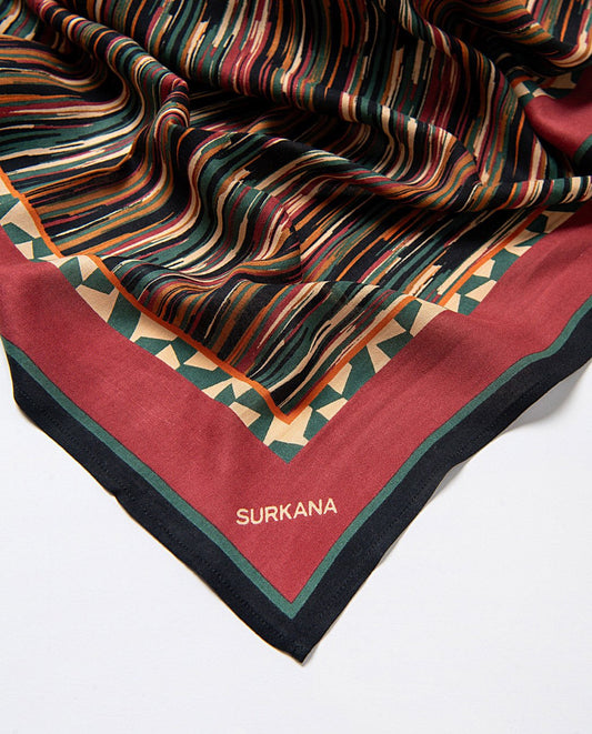 Rectangular stripes printed scarf made of viscose twill, in bordeaux, dark green, camel, beige colors
