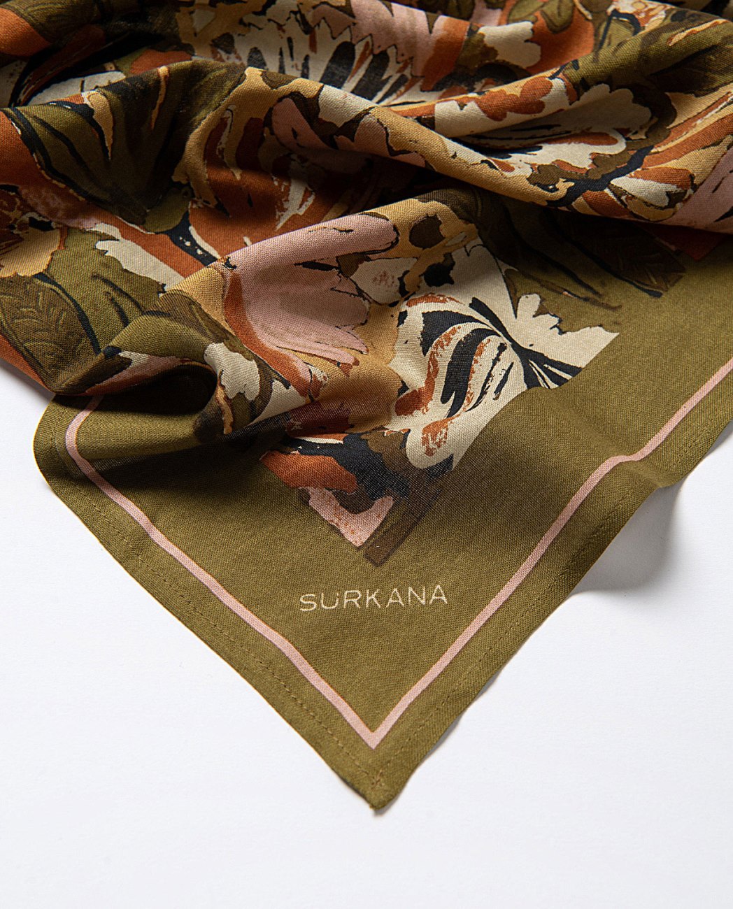 Rectangular leaves printed scarf made of viscose twill, in khaki, brown, pink, ecru, beige colors