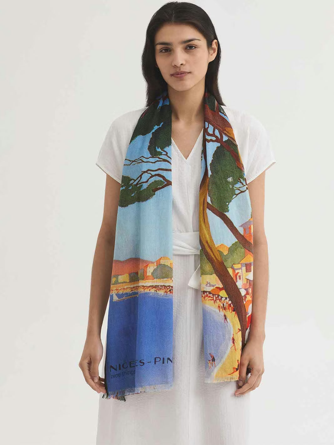 Nice Les Pins rectangular multicolor print foulard in cotton voile. Digital printing of a Nice landscape by the sea through a pine trees forest,  70 x 180 cm.