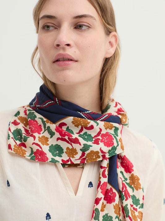 Checks and colorful Flowers navy square print scarf. Hand rolled. 100% Silk, 90 x 90 cm