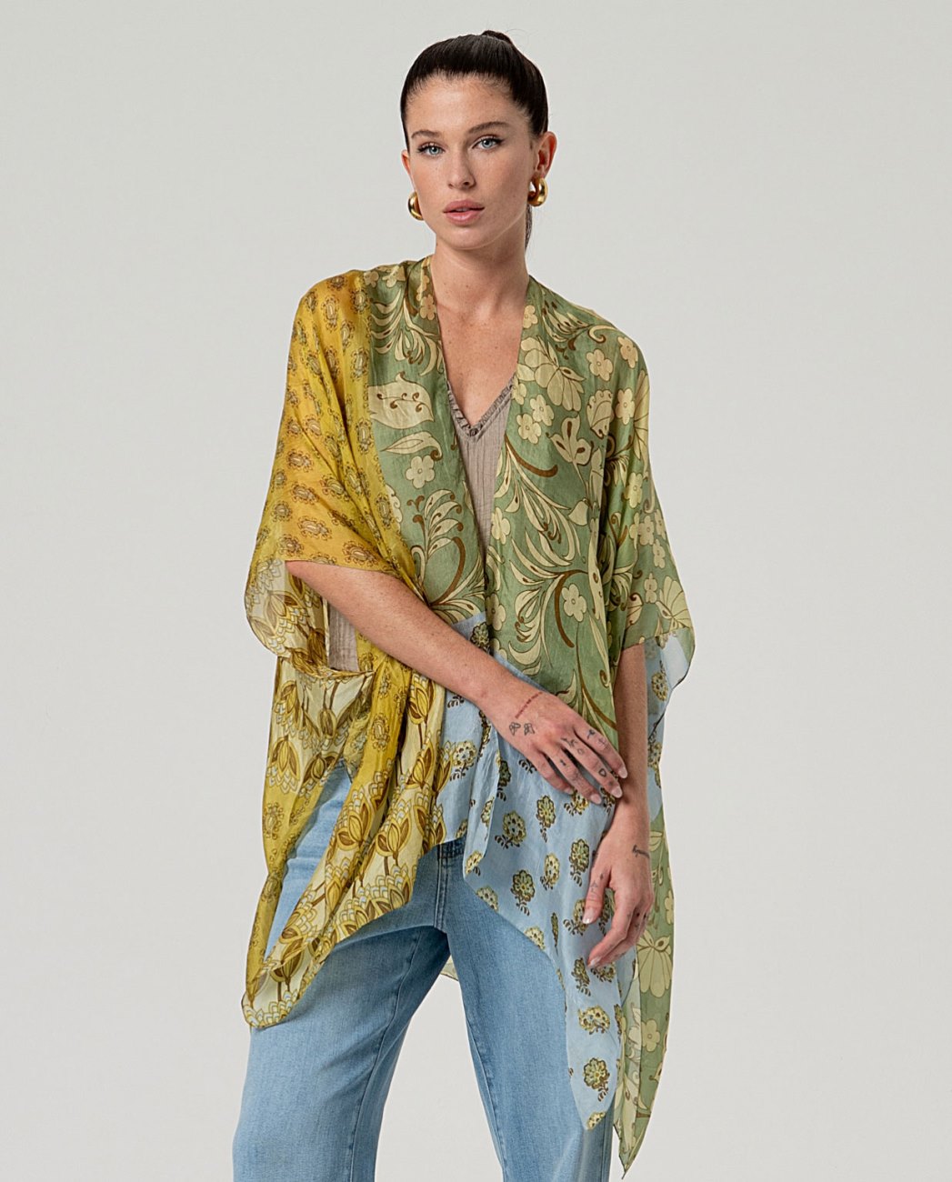 Green and light blue floral silk open kimono.