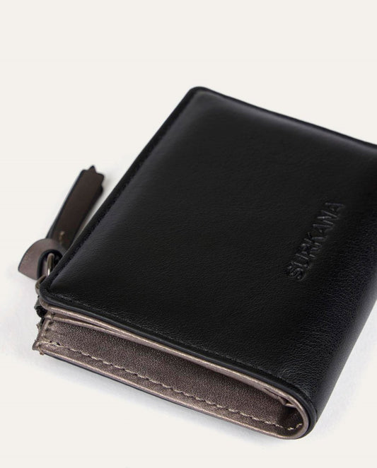 Black small wallet with inside metallic color and zipped compartment.