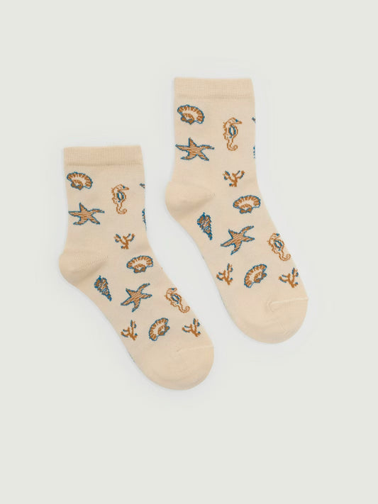 Ecru, short socks with marine elements in ribbed finish, 80% Cotton, 17% Polyamide, 3% Elastane