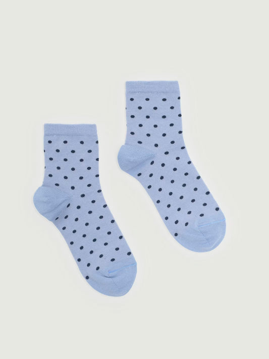 Light Blue Small short socks with navy dots in ribbed finish, 80% Cotton, 17% Polyamide, 3% Elastane