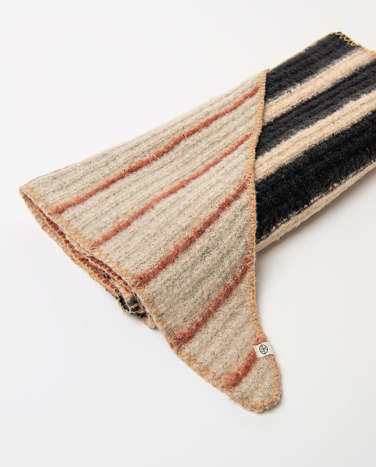 Soft, beige warm knit scarf with contrast stripes and pointed ends finished with a scalloped edge, 240cm long, 53cm wide