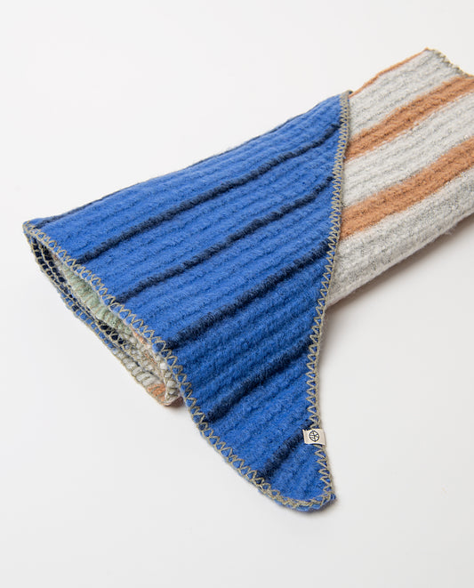 Soft, blue warm knit scarf with contrast stripes and pointed ends finished with a scalloped edge, 240cm long, 53cm wide