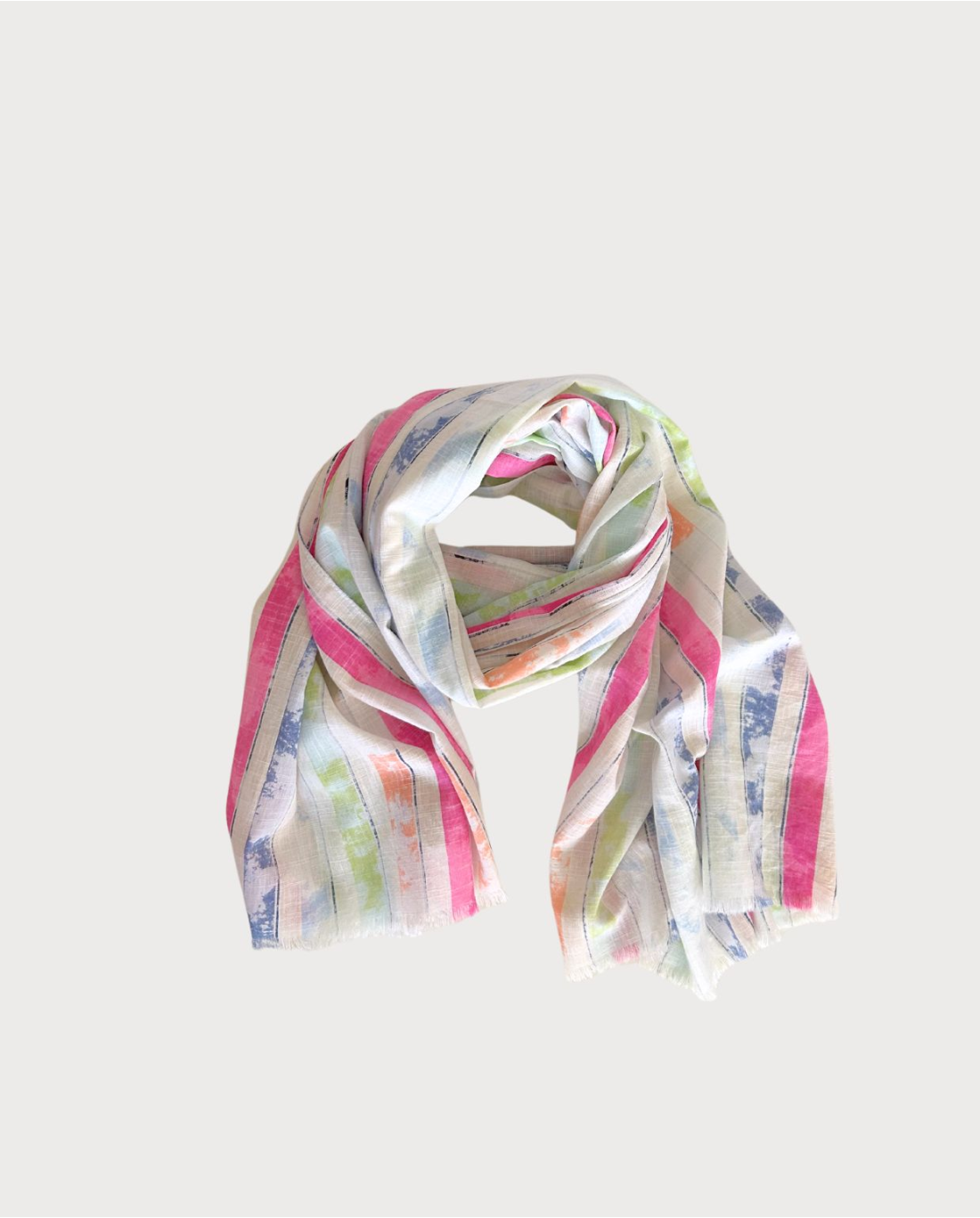 Rectangular ecru scarf made of lightweight fabric with a gradient stripe design in fuchia, green, blue, orange colors, finished with fringes at the ends, 180cm x 110cm