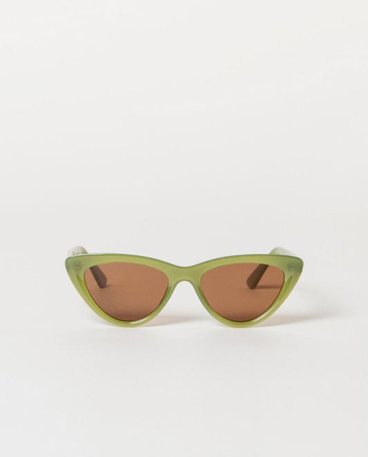 Green cat-eye sunglasses with brown lenses.