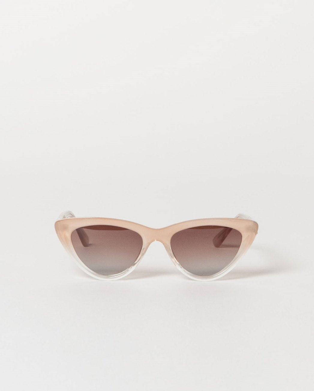 Cat-eye sunglasses with pink frame and gradient lenses.