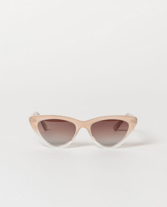 Cat-eye sunglasses with pink frame and gradient lenses.